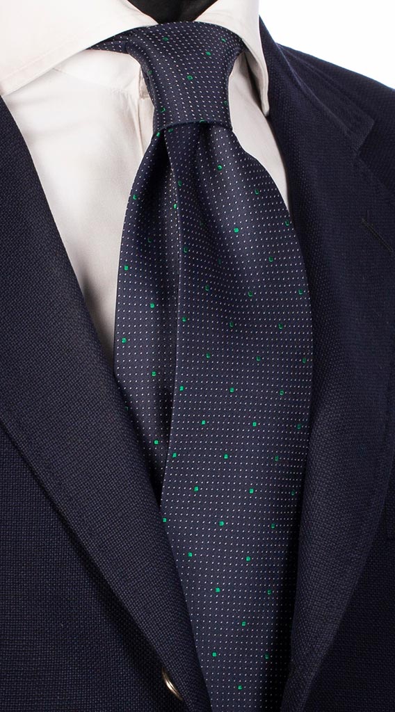 Cravatta di Seta Blu Punto a Spillo Bianco Pois Verde Made in Italy Graffeo Cravatte