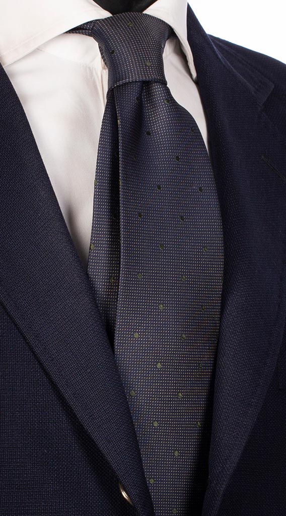 Cravatta di Seta Blu Punto a Spillo Verde Chiaro Pois Verde Oliva Made in Italy Graffeo Cravatte