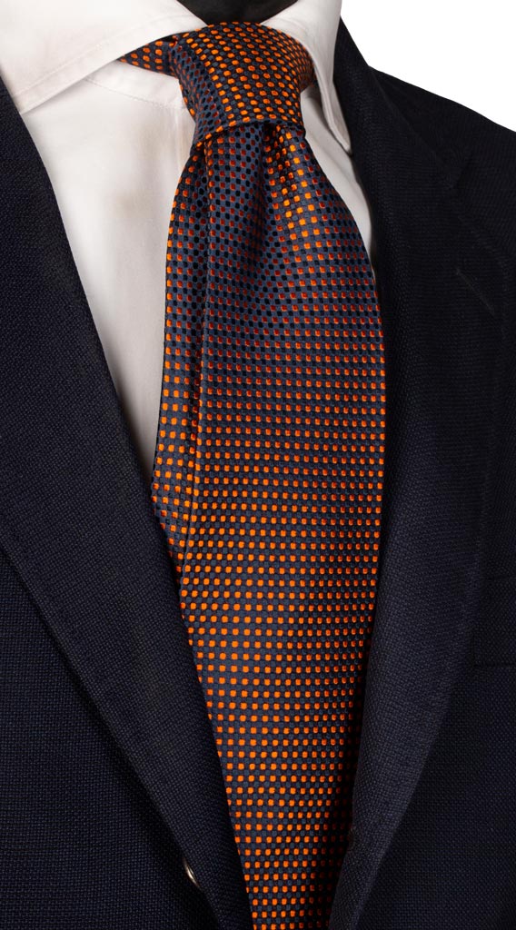 Man Blue Silk Tie Orange Polka Dots 1419