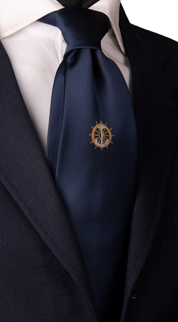 Cravatta di Seta Blu con Disegno Sottonodo Timone Ancora Made in Italy Graffeo Cravatte