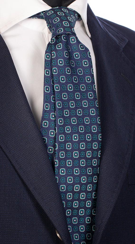 Cravatta di Seta Blu con Fantasia Verde Bianca Made in Italy Graffeo Cravatte