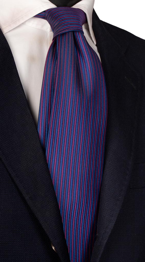 Cravatta di Seta Bluette Blu Righe Verticali Fucsia Made in Italy Graffeo Cravatte