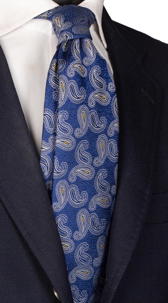Cravatta di Seta Bluette Cangiante Paisley Bianco Giallo Made in italy Graffeo Cravatte