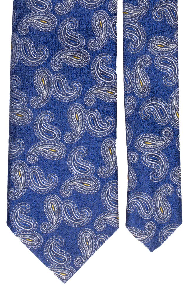 Cravatta di Seta Bluette Cangiante Paisley Bianco Giallo Made in Italy Graffeo Cravatte Pala