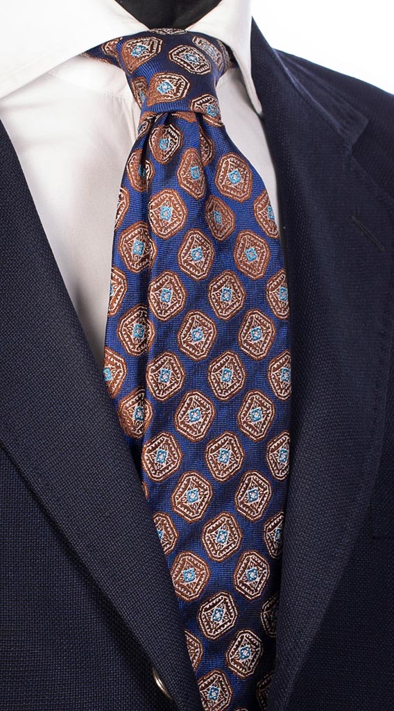 Cravatta di Seta Bluette Fantasia Marrone Bianco Azzurro Made in Italy Graffeo Cravatte