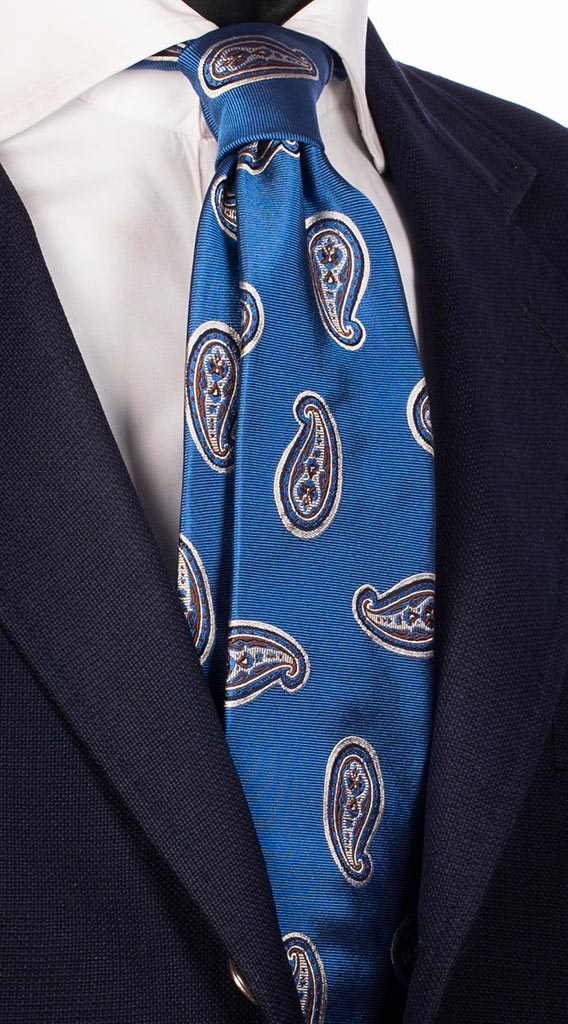 Cravatta di Seta Bluette Paisley Bianco Blu Marrone Made in Italy Graffeo Cravatte