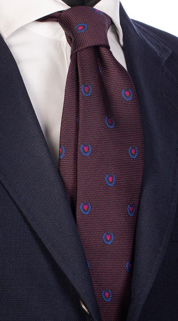 Cravatta di Seta Bordeaux Blu Fantasia Scudetti Bluette Fucsia Rosso Made in Italy Graffeo Cravatte