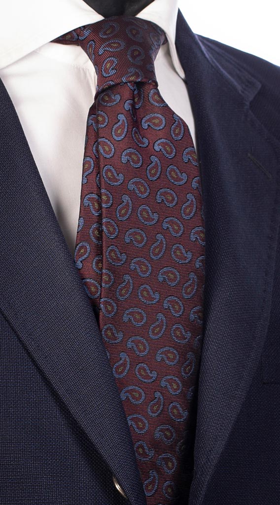 Cravatta di Seta Bordeaux Paisley Celeste Blu Giallo Made in Italy Graffeo Cravatte