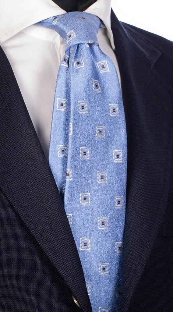 Cravatta di Seta Celeste Effetto Cangiante Fantasia Bianca Marrone Made in Italy Graffeo Cravatte