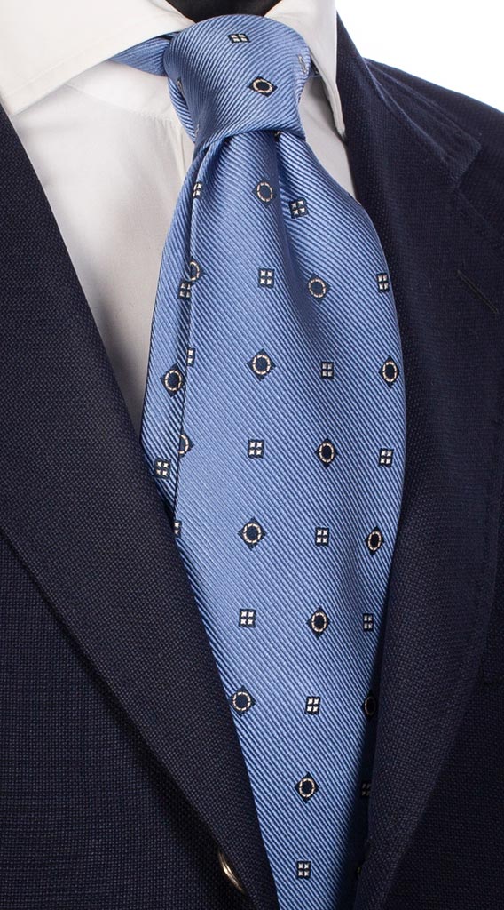 Cravatta di Seta Celeste Fantasia Blu Bianca Beige Made in Italy Graffeo Cravatte
