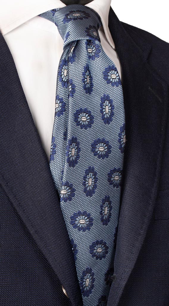 Cravatta di Seta Celeste Fantasia Blu Navy Bianca Made in Italy Graffeo Cravatte