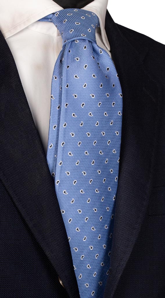 Cravatta di Seta Celeste Paisley Bianco Blu Made in Italy graffeo Cravatte