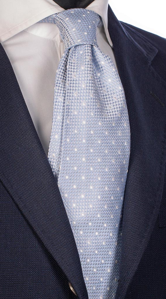 Cravatta di Seta Celeste Micro Fantasia Tono su Tono Pois Bianchi Made in Italy Graffeo Cravatte