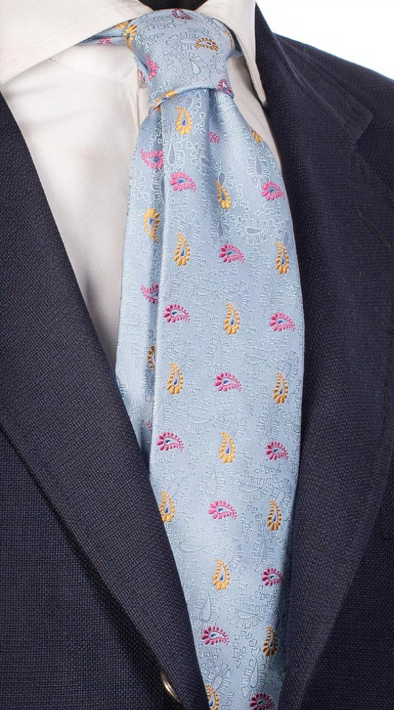 Cravatta di Seta Celeste Paisley Giallo Rosa Bluette Made in Italy Graffeo Cravatte