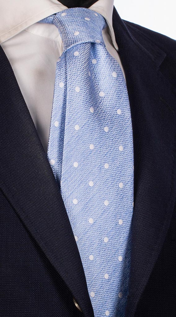 Cravatta di Seta Celeste Pois Bianco Effetto Lino Made in Italy Graffeo Cravatte