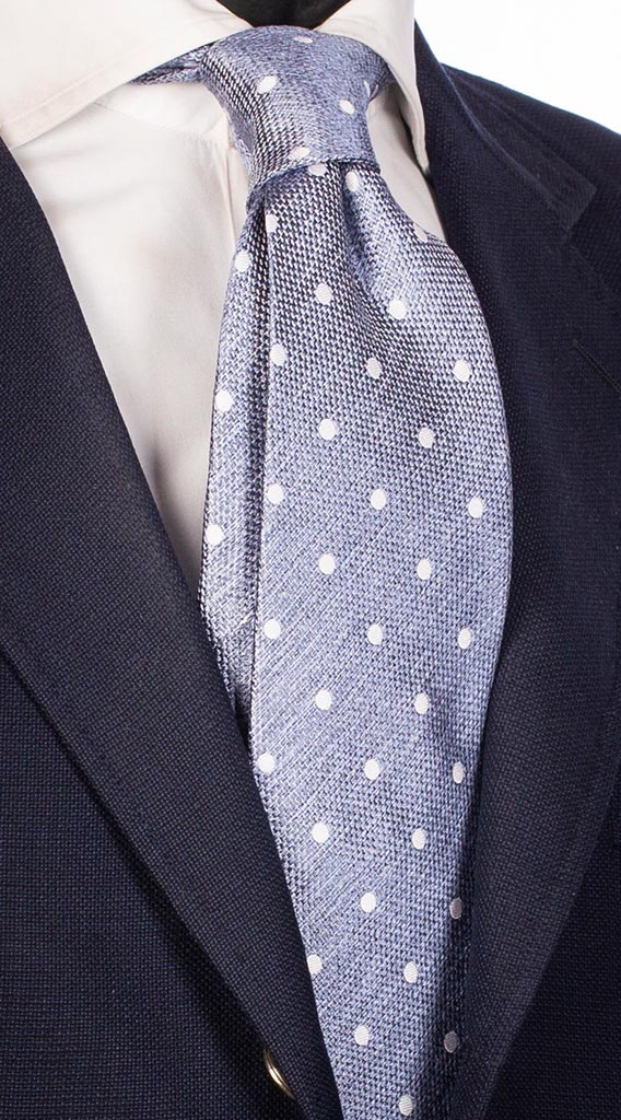 Cravatta di Seta Celeste Polvere Effetto Lino Pois Bianchi Made in Italy Graffeo Cravatte