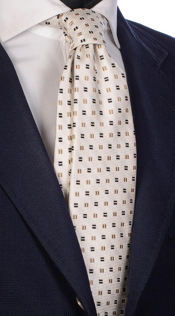 Cravatta di Seta Color Panna Micro Fantasia Nera Beige Made in Italy Graffeo Cravatte
