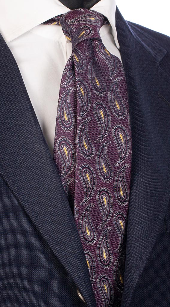 Cravatta di Seta Color Vinaccia Paisley Nero Grigio Giallo Made in Italy Graffeo Cravatte