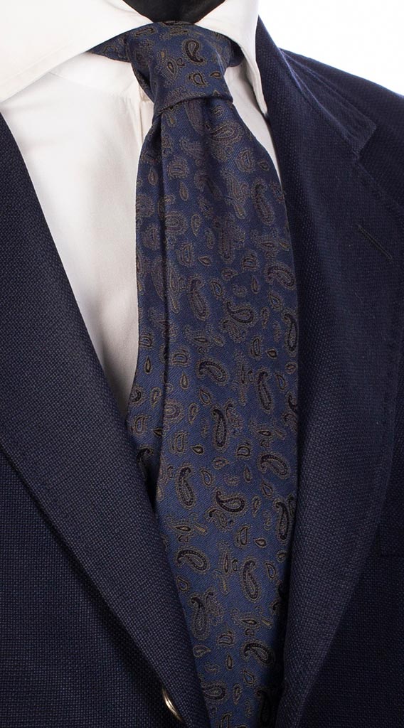 Cravatta di Seta Cotone Blu Paisley Tono su Tono Verde Made in Italy Graffeo Cravatte