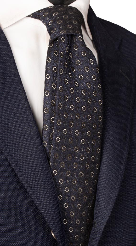 Cravatta di Seta Effetto Stropicciato Blu Fantasia Beige Made in Italy Graffeo Cravatte