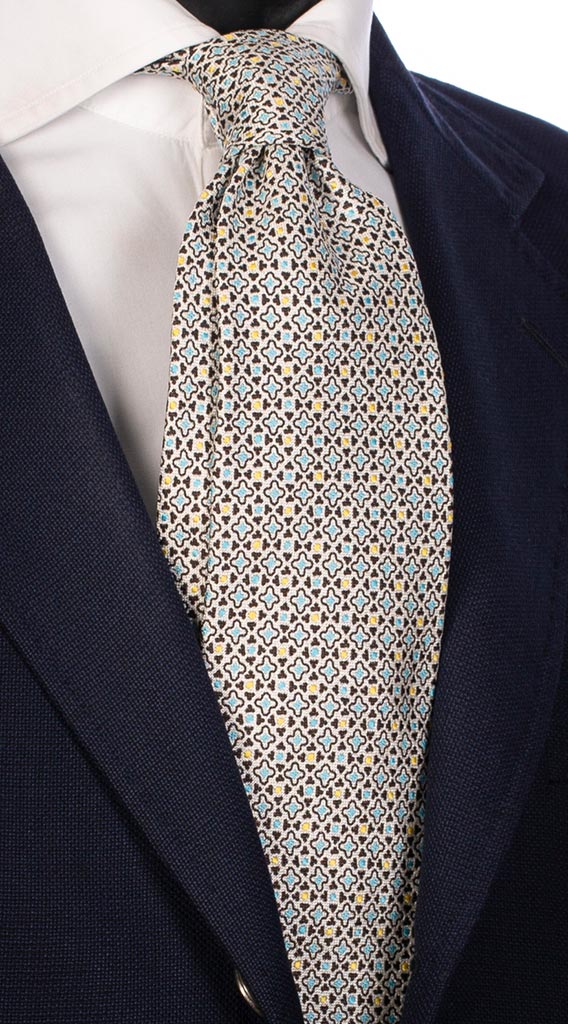Cravatta di Seta Fantasia Bianca Azzurra Gialla Blu Made in Italy Graffeo Cravatte