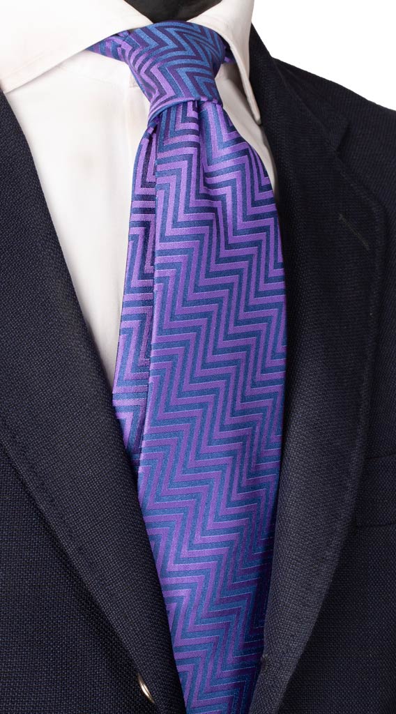 Cravatta di Seta Fantasia Lisca di Pesce Viola Blu Made in Italy Graffeo Cravatte