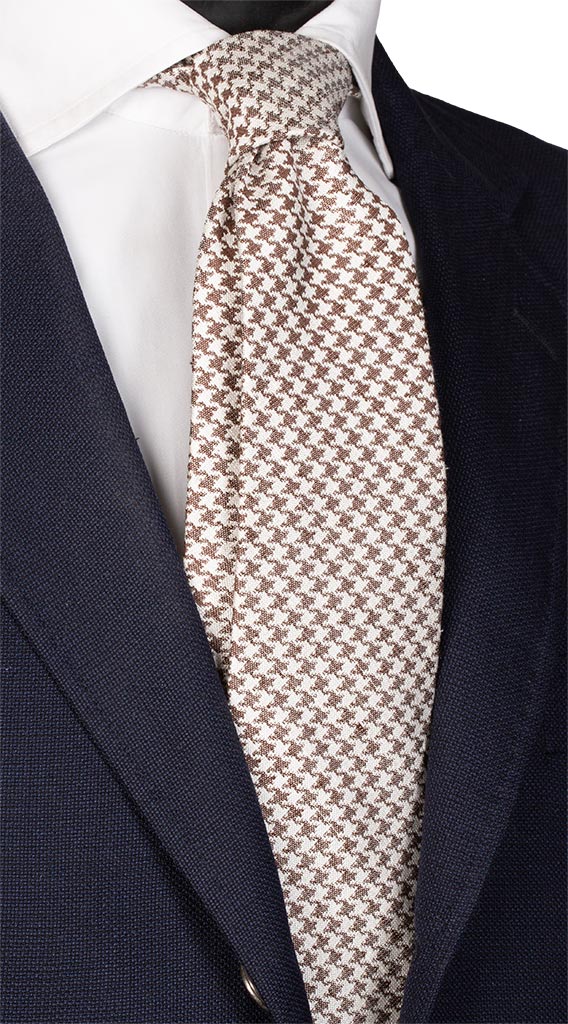Cravatta di Seta Fantasia Pied de Poule color Corda Beige Made in Italy Graffeo Cravatte