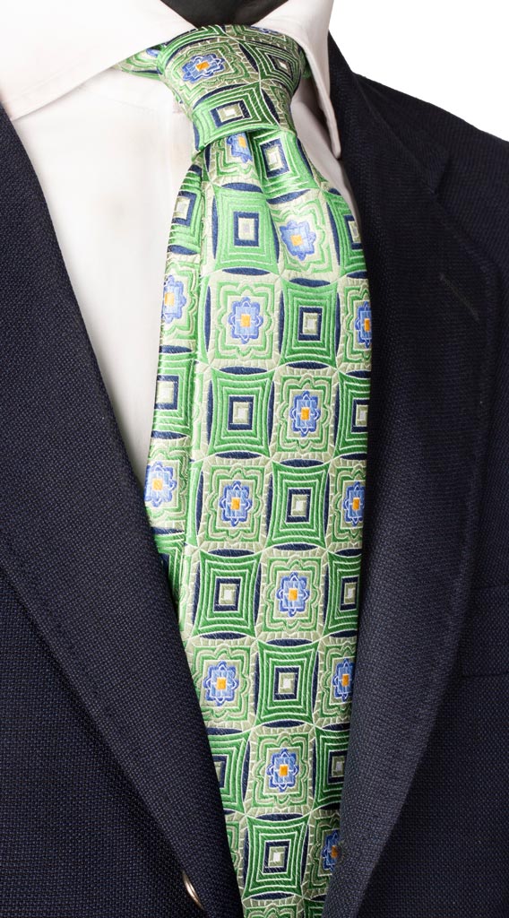 Cravatta di Seta Fantasia Verde Celeste Blu Gialla Made in Italy Graffeo Cravatte