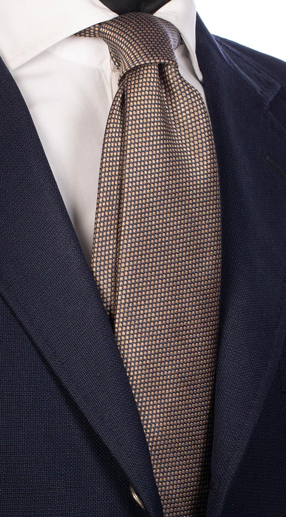 Cravatta di Seta Fondo Blu Verde Micro Fantasia Beige Made in Italy Graffeo Cravatte