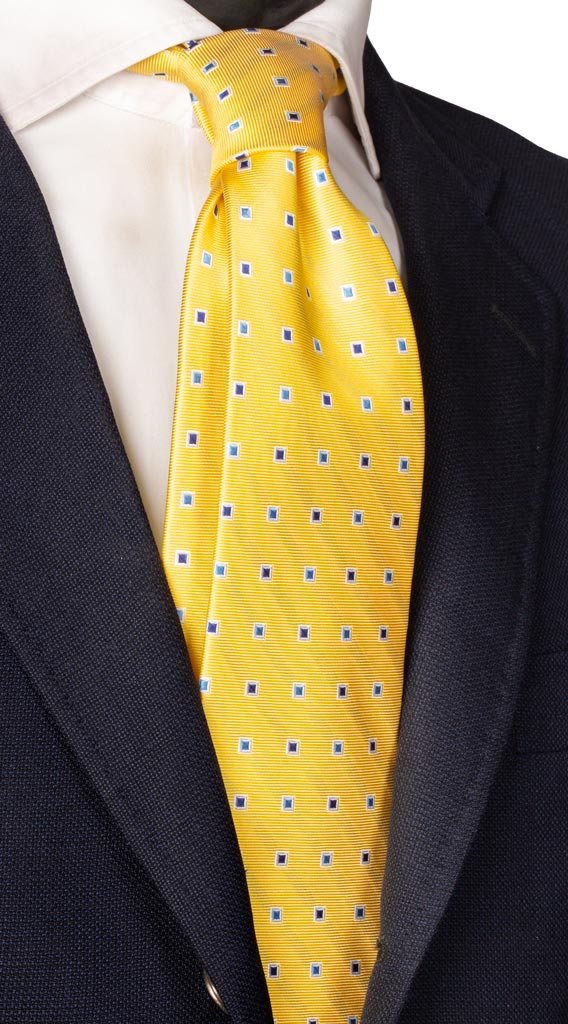 Cravatta di Seta Gialla Fantasia Bianca Celeste Bluette Made in Italy Graffeo Cravatte
