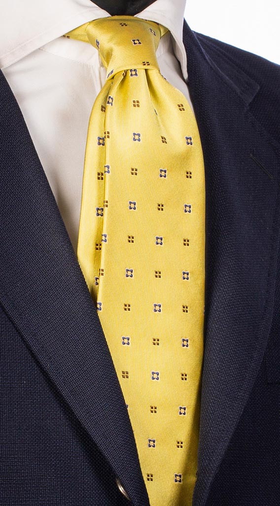 Cravatta di Seta Gialla Fantasia Bluette Marrone Made in Italy Graffeo Cravatte