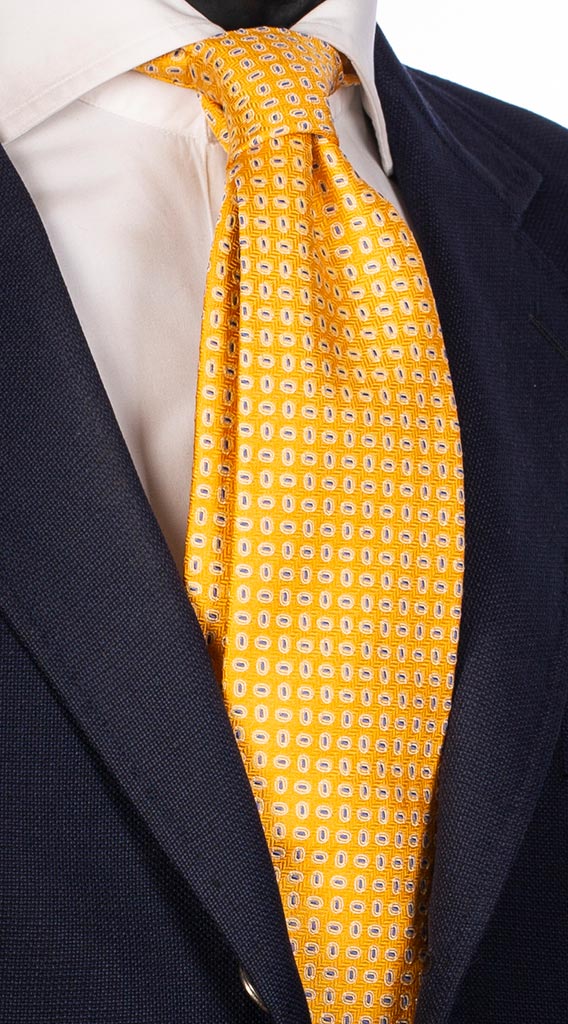 Cravatta di Seta Gialla Fantasia Celeste Bianca Made in Italy Graffeo Cravatte