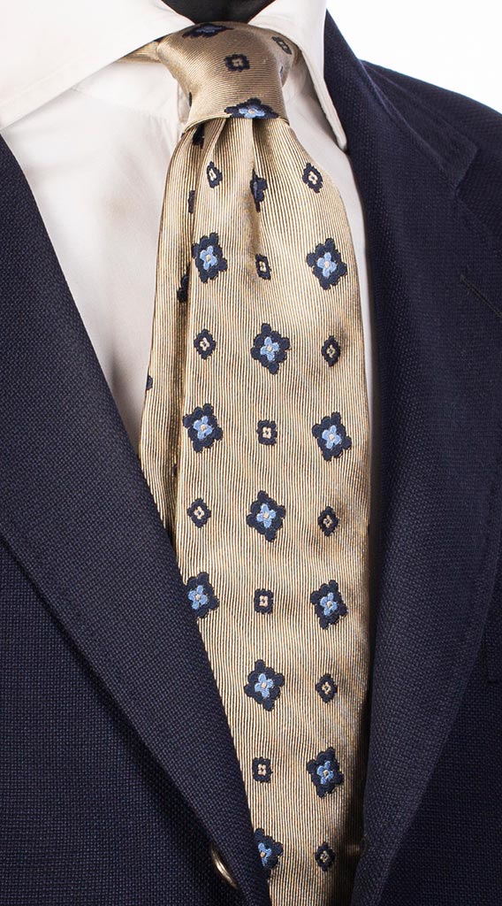 Cravatta di Seta Giallo Ocra Fantasia Blu Celeste Made in Italy Graffeo Cravatte