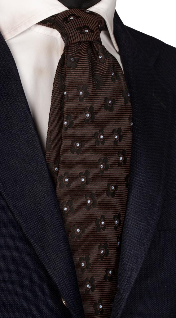 Cravatta di Seta Goffrata Marrone Fantasia Celeste Made in Italy Graffeo Cravatte