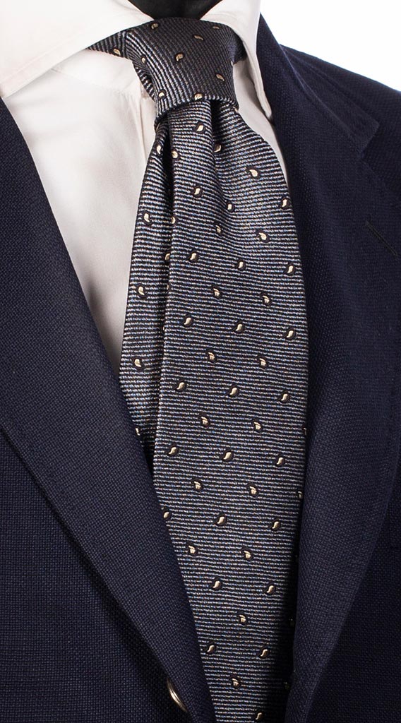 Cravatta di Seta Grigia Blu Paisley Blu Beige Made in Italy Graffeo Cravatte