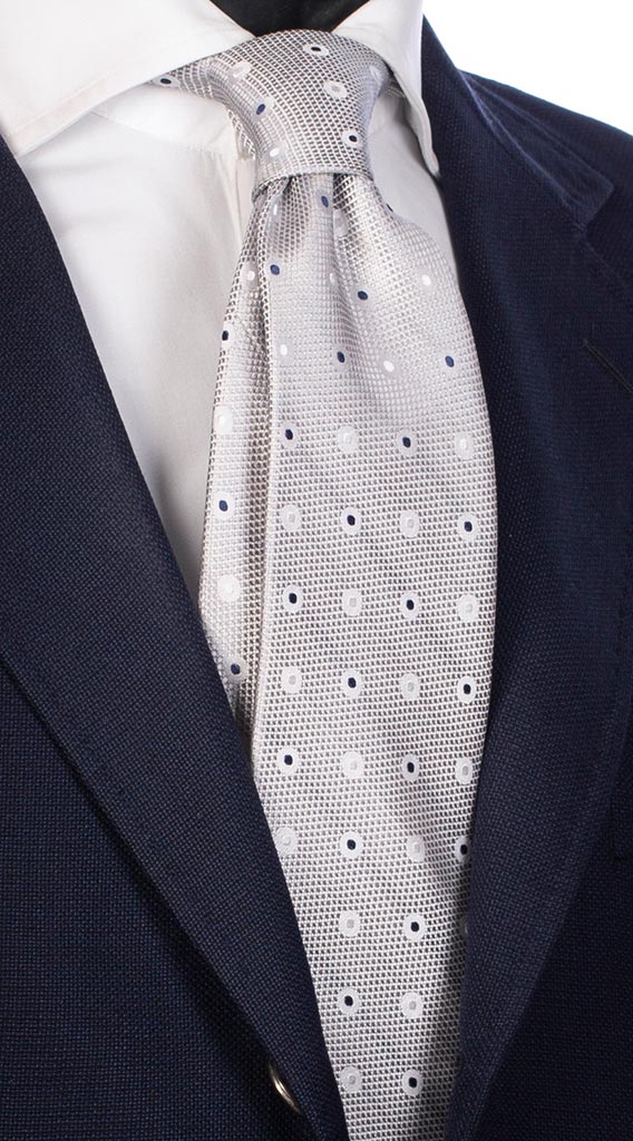 Cravatta di Seta Grigio Argento a Pois Tono su Tono Blu Made in Italy Graffeo Cravatte