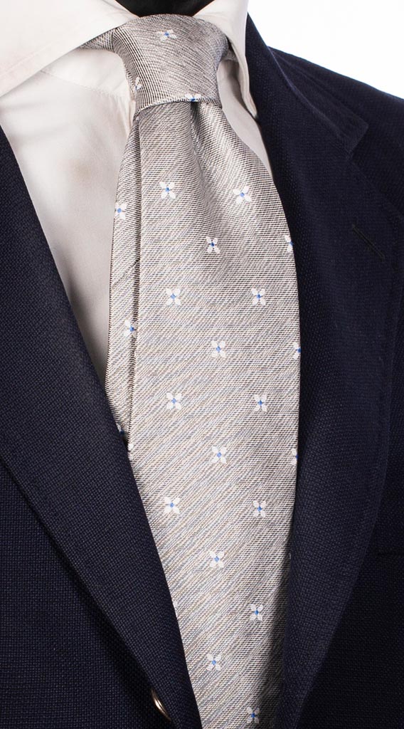 Cravatta di Seta Grigio Chiaro Fantasia Bianca Bluette Grigio Chiaro Made in Italy Graffeo Cravatte