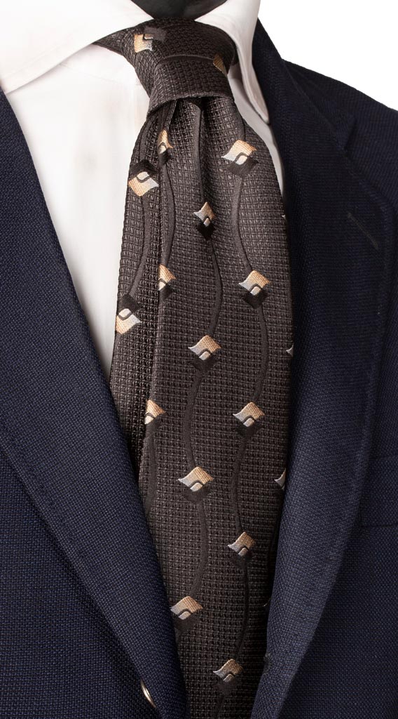 Cravatta di Seta Grigio Scuro Fantasia Beige Nero Made in Italy Graffeo Cravatte