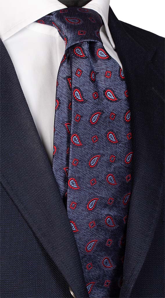 Cravatta di Seta Jaspé Avion Scuro Paisley Blu Rosso Celeste Made in Italy Graffeo Cravatte