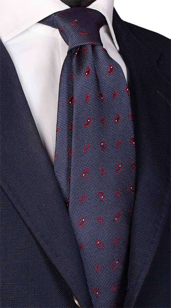Cravatta di Seta Jaspé Blu Paisley Rosso Punto a Spillo Bianco Made in Italy Graffeo Cravatte