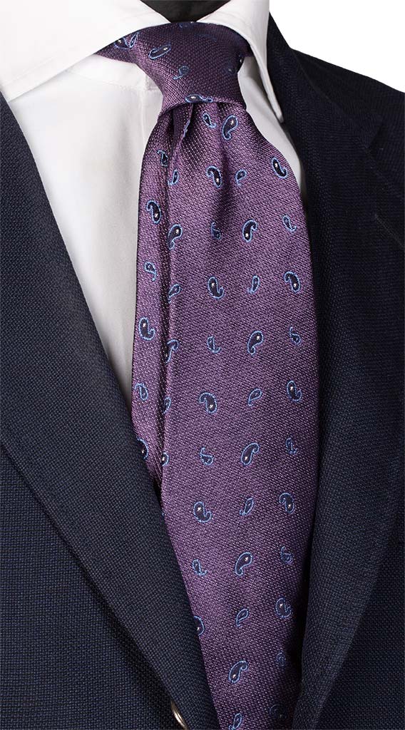 Cravatta di Seta Jaspé Lavanda Paisley Blu Punto a Spillo Bianco Made in Italy Graffeo Cravatte