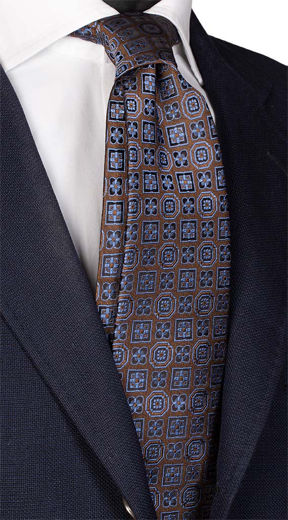Cravatta di Seta Jaspé Marrone Fantasia Blu Celeste Made in italy Graffeo Cravate
