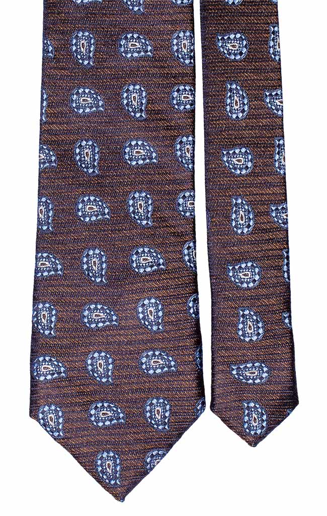 Cravatta di Seta Jaspé Marrone Paisley Celeste Blu Bianco Made in Italy Graffeo Cravatte Pala