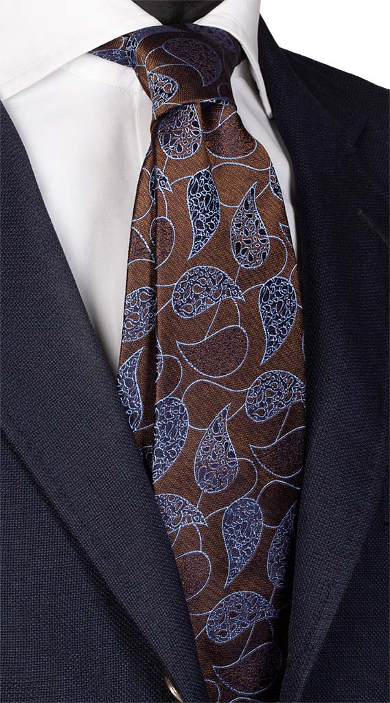 Cravatta di Seta Jaspé Marrone Paisley Celeste Blu Made in italy Graffeo Cravatte