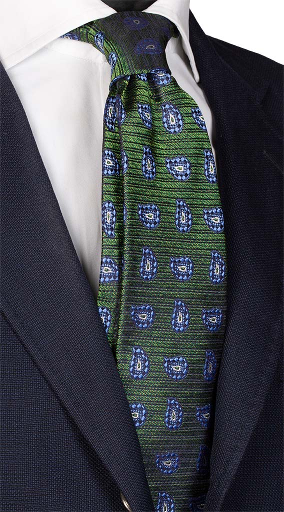 Cravatta di Seta Jaspé Verde Paisley Celeste Blu Bianco Made in Italy Graffeo Cravatte