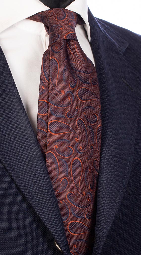 Cravatta di Seta Marrone Blu Paisley Tono su Tono Made in Italy Graffeo Cravatte