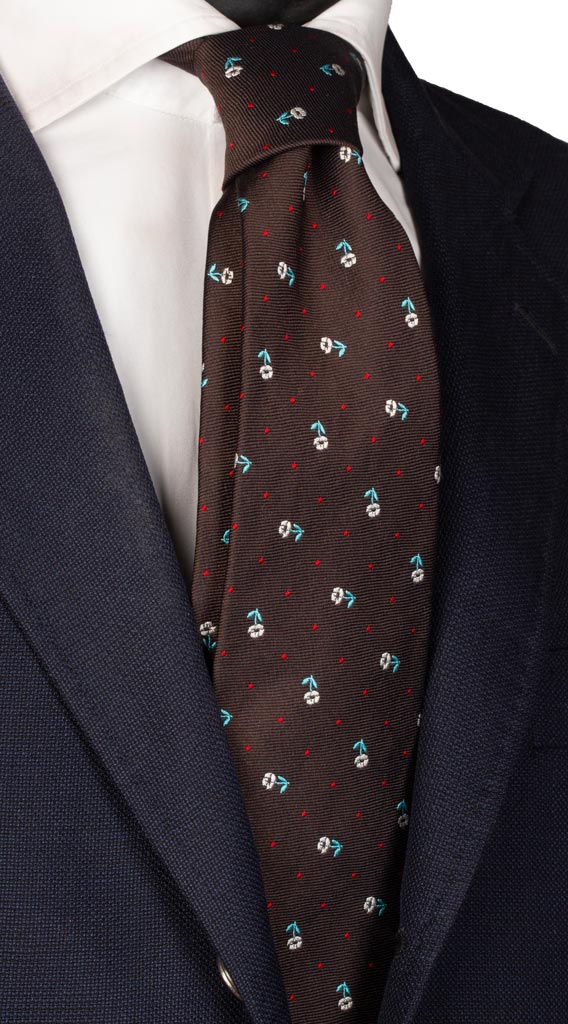 Cravatta di Seta Marrone Bruciato a Fiori Bianchi Turchese Made in Italy Graffeo Cravatte