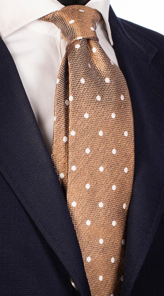 Cravatta di Seta Marrone Chiaro Pois Bianchi Effetto Lino Made in Italy Graffeo Cravatte