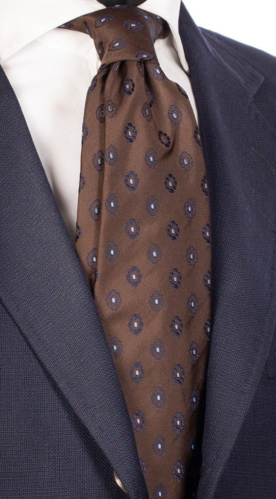 Cravatta di Seta Marrone Con Fantasia Blu Celeste Made in Italy Graffeo Cravatte