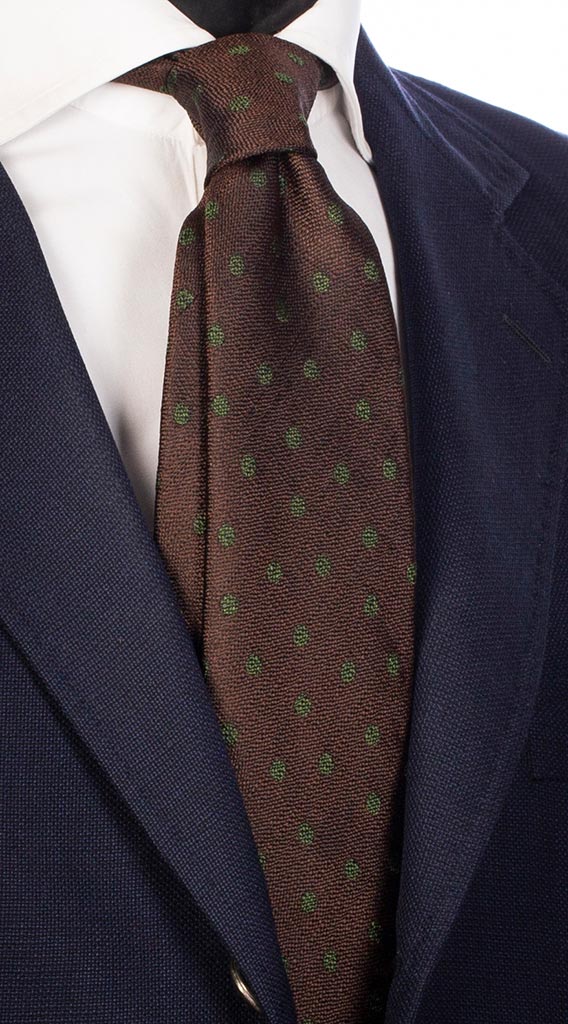 Cravatta di Seta Marrone Effetto Lino con Pois Verdi Made in Italy Graffeo Cravatte